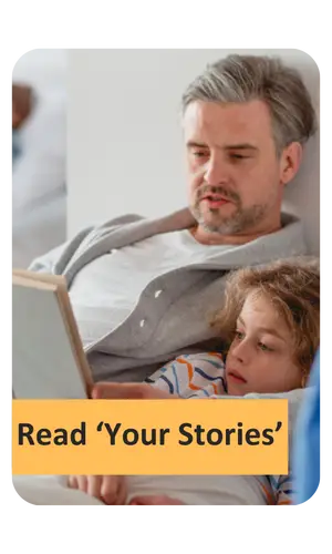 An image of a father reading a book to his daughter. Text says "Read Your Stories"